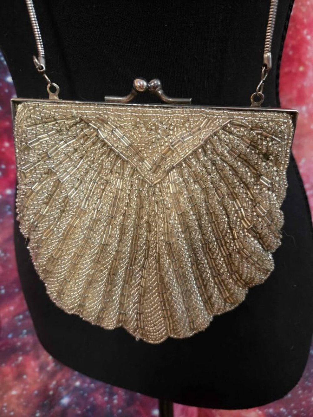 Vintage Antique Glass Beaded Clutch Handbag Purse Crossbody Metal Chain